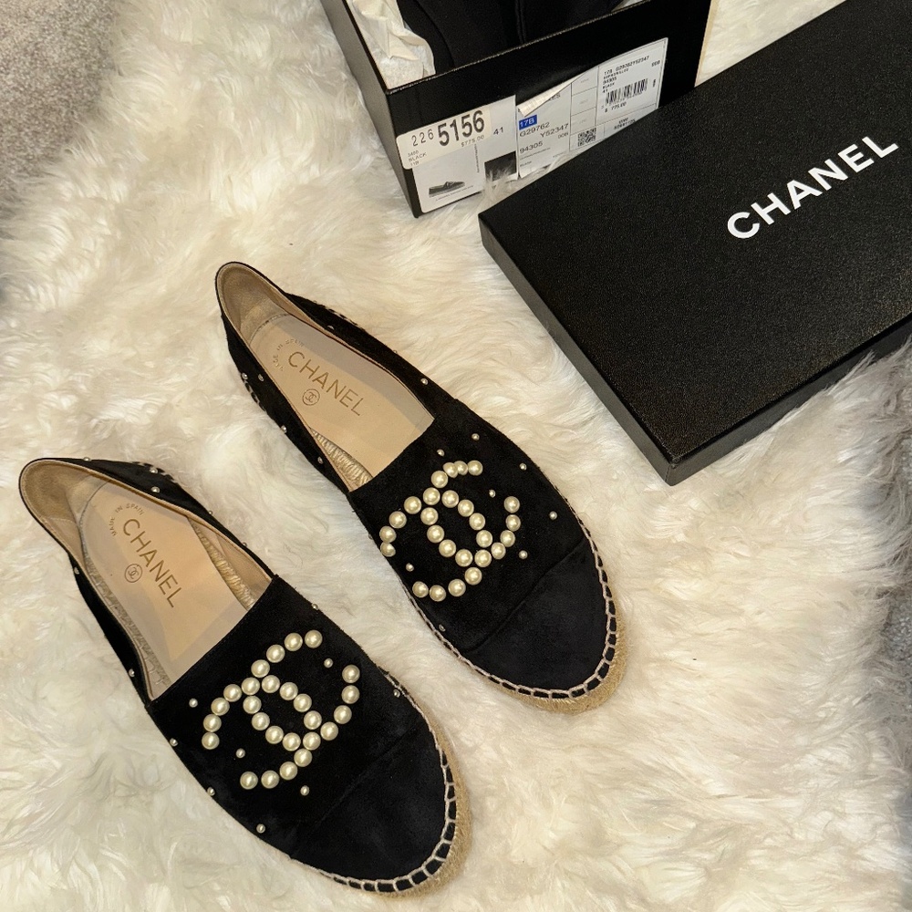 Chanel suede pearl black espadrille 41
